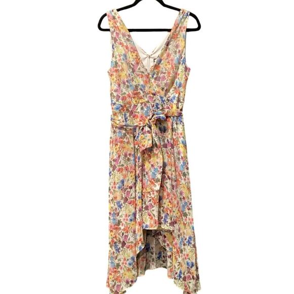 Karl Lagerfeld high low floral belt faux wrap v neck Sleeveless midi Dress Sz 10 - Picture 1 of 8